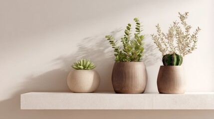 Minimalist shelf displays three potted plants succulent, greenery, and cactus, in neutral tones against a white wall