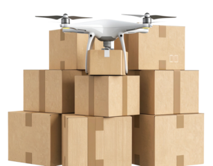 3D Rendering of a Drone Carrying a Package Over Stacked Cardboard Boxes, Isolated on