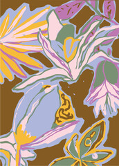 Obraz premium Exotic hand drawn flowers, seamless patterns with floral for fabric, textiles, clothing, wrapping paper, cover, banner, home decor, abstract backgrounds.