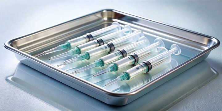 Several sterile syringes are organized on a shiny metal tray, awaiting use in a medical environment, possibly for vaccinations or other procedures