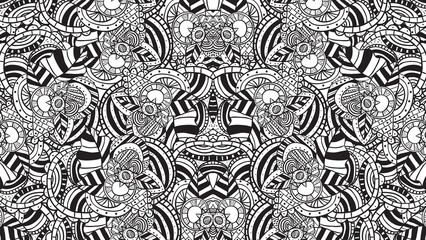 Black and white abstract pattern featuring intricate designs and symmetrical arrangements of shapes and lines