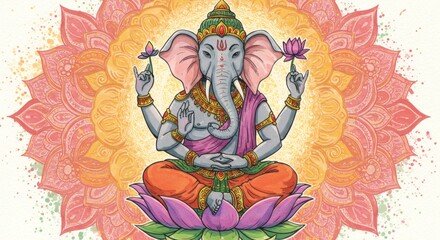 Elephant-Headed Humanoid in Meditative Pose on Lotus Pedestal – Intricate Jewelry, Mandala Background, Glowing Aura, Colorful Fantasy Spiritual Concept Art, Highly Detailed and Symmetrical