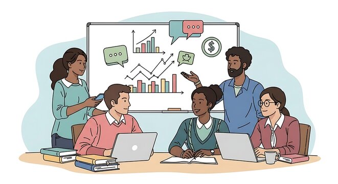 Diverse Team Collaboration Brainstorming Meeting Analyzing Growth Charts and Financial Data, Fostering Teamwork