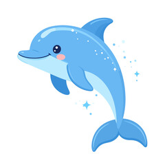 Fototapeta premium Adorable blue cartoon dolphin with a happy smile and sparkling details.