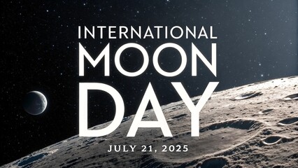 Close-up lunar surface, visible craters, celebrating International Moon Day.