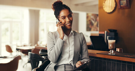 Business, woman and phone call with smile at cafe for discussion, travel schedule and work trip....