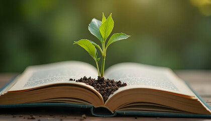 A young plant sprouts from soil placed on an open book, symbolizing growth.