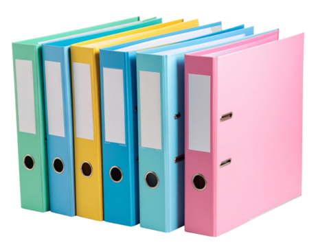 Stack of Multi-Colored File Folders in Pastel Shades, Angled View, isolated on transparent background.
