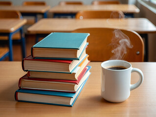 Naklejka premium A stack of colorful books sits next to a steaming mug of coffee on a wooden table