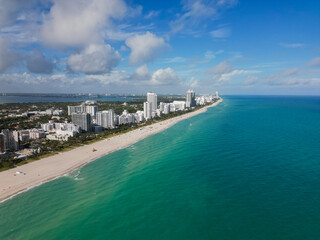 Top view of South Miami. Florida famous coastline. Miami skyline with skyscrapers. Aerial view of...