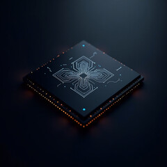 Zero-knowledge patterned AI microchip with glowing details on dark matte background, futuristic symmetrical design,crypto mining , Privacy chip