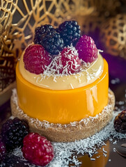 Delicious vibrant yellow dessert garnished with fresh berries and coconut flakes. Sweet and elegant pastry on a rustic base.