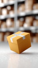 A small yellow gift box with silver ribbon is tilted on a speckled surface with a blurred warehouse background