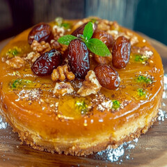 Delicious golden cake adorned with dates, nuts, and mint. A delightful dessert for any special occasion.