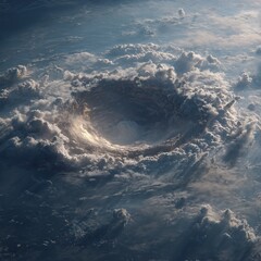 Asteroid Impact Crater in Ocean - Aerial View of Massive Explosion with Swirling Storm Clouds - Cinematic Lighting Realistic Render