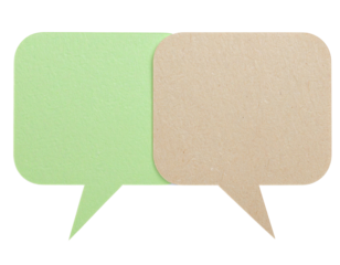 Two overlapping speech bubbles, one green and one beige, symbolizing communication or dialogue.