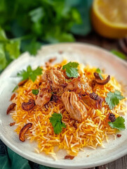 Delicious chicken biryani served on a white plate. Authentic Indian meal for a tasty dinner.