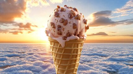 Delicious ice cream cone floating peacefully above fluffy clouds. Sweet dessert in a vibrant sunset over blue sky.