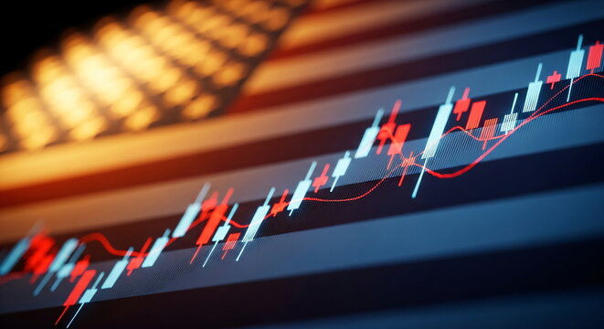 Financial market candlestick graph with rising red and blue trend lines over a blurred american flag background display.