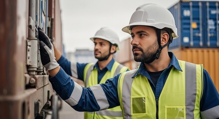 Two male workers in safety gear inspecting a cargo container at a shipping port.