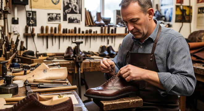 Caucasian man, a shoemaker, working on a leather shoe in his workshop. Artisan craftsmanship and traditional shoe making by hand.