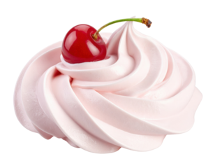A swirl of pink whipped cream topped with a single shiny red cherry with stem.