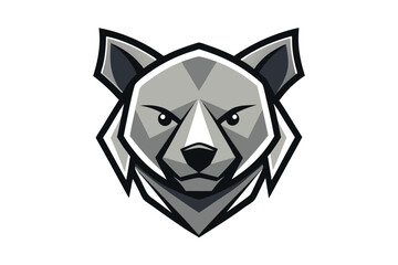 A monochrome illustration of a stylized bear head with geometric, angular shapes