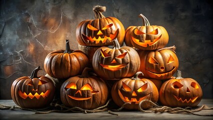 Happy Thanksgiving greeting with pumpkin and autumn leaves decoration on beige background