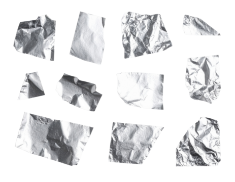 Various pieces of crumpled and folded silver aluminum foil sheets arranged in a grid pattern.