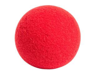 A close-up image of a red foam clown nose, showcasing its textured surface and rounded shape.