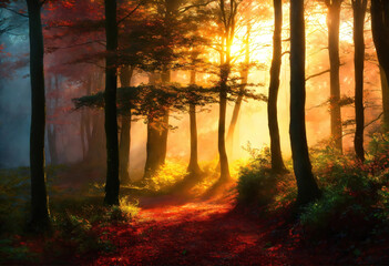 Obraz premium Excellent Sunrise in misty woods near Wareham, Dorset, England, UK