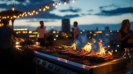 A dramatic evening barbecue party on a modern rooftop overlooking a glowing city skyline, celebrating National Barbecue Month in urban style.