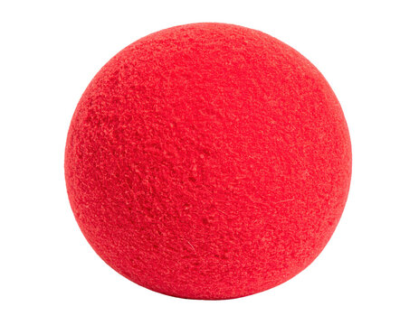 A close-up image of a red foam clown nose, showcasing its textured surface and rounded shape.