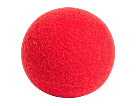 A close-up image of a red foam clown nose, showcasing its textured surface and rounded shape.