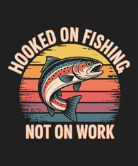 Retro Fishing T-Shirt Design with Jumping Trout and Sunset Background