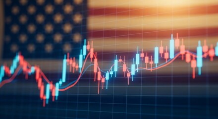 Stock market graph with candlestick chart on a blurred American flag background for financial investment and economic growth.