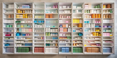 Fototapeta premium Brightly colored soap bars are arranged on shelves in a contemporary retail space. The display features various shapes and sizes, creating an inviting and organized showcase