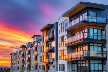 Obraz premium Modern apartments with balconies and glass railings during stunning sunset. Ideal for real estate ads, construction, and urban development projects.