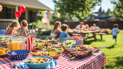 An American suburban backyard during a National Barbecue Month celebration, where a long picnic table overflows with colorful summer dishes: barbecue ribs, brisket and salads.
