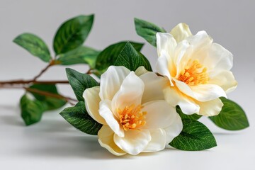 Fototapeta premium Creamy white flowers and green leaves are lying on a white surface. This lovely flower could embellish invites or backgrounds.