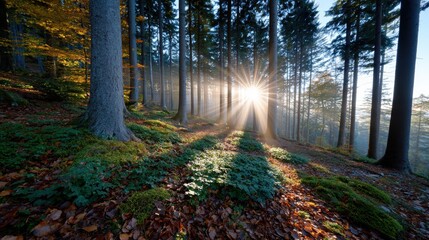 Obraz premium autumn forest photography, nature editorial captures misty dawn in the autumn forest, with towering trees, vibrant fall foliage, and golden sunbeams through fog shot with a wide-angle lens