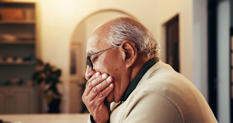 Sensitive, senior man and toothache in home with cavity, gum disease and impacted wisdom teeth....