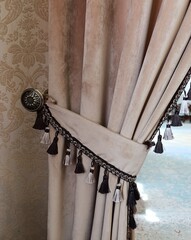 beige silk curtain, interior decor elements, curtain decoration, portiere