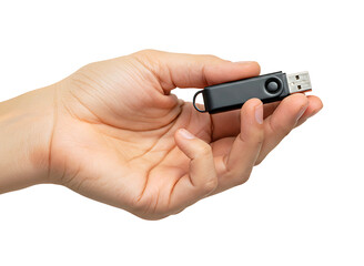 Hand holding a usb flash drive isolated on transparent background