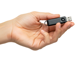 Hand holding a usb flash drive isolated on transparent background