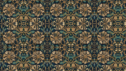 Ornate floral pattern with symmetrical design in dark blue gold and teal color scheme repeat design style