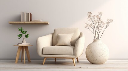 Minimalist beige armchair in a light-filled room with wooden accents