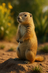 Prairie dog standing alert in natural setting rodent