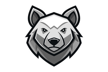 Focused monochrome bear gazes intently forward with its geometric fur style on a white backdrop