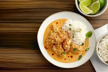 A delicious chicken curry with rice is presented on a white plate.